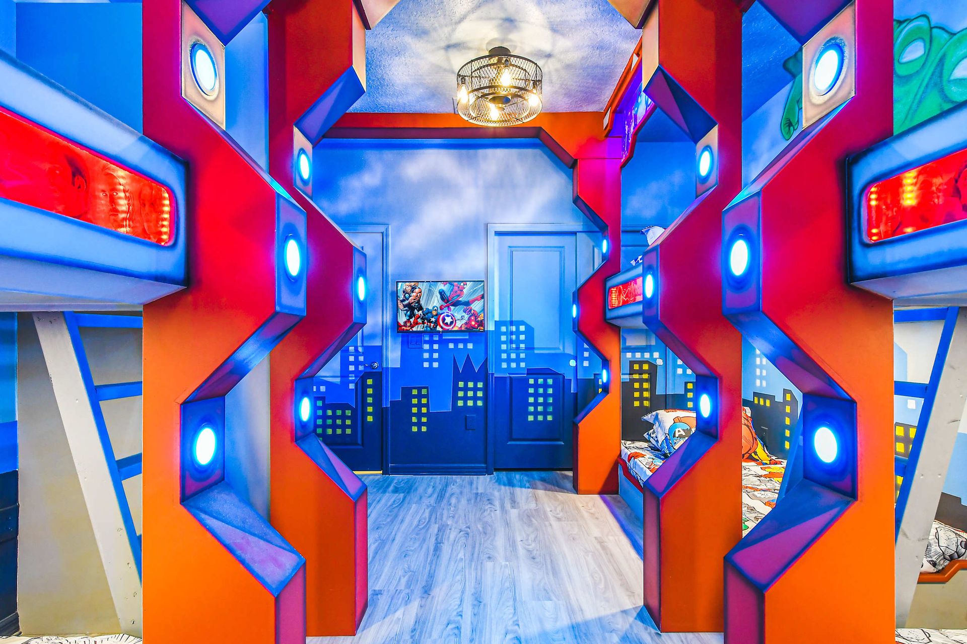 Superhero hideout bunk room with glowing lights, comic murals, and cityscape walls.