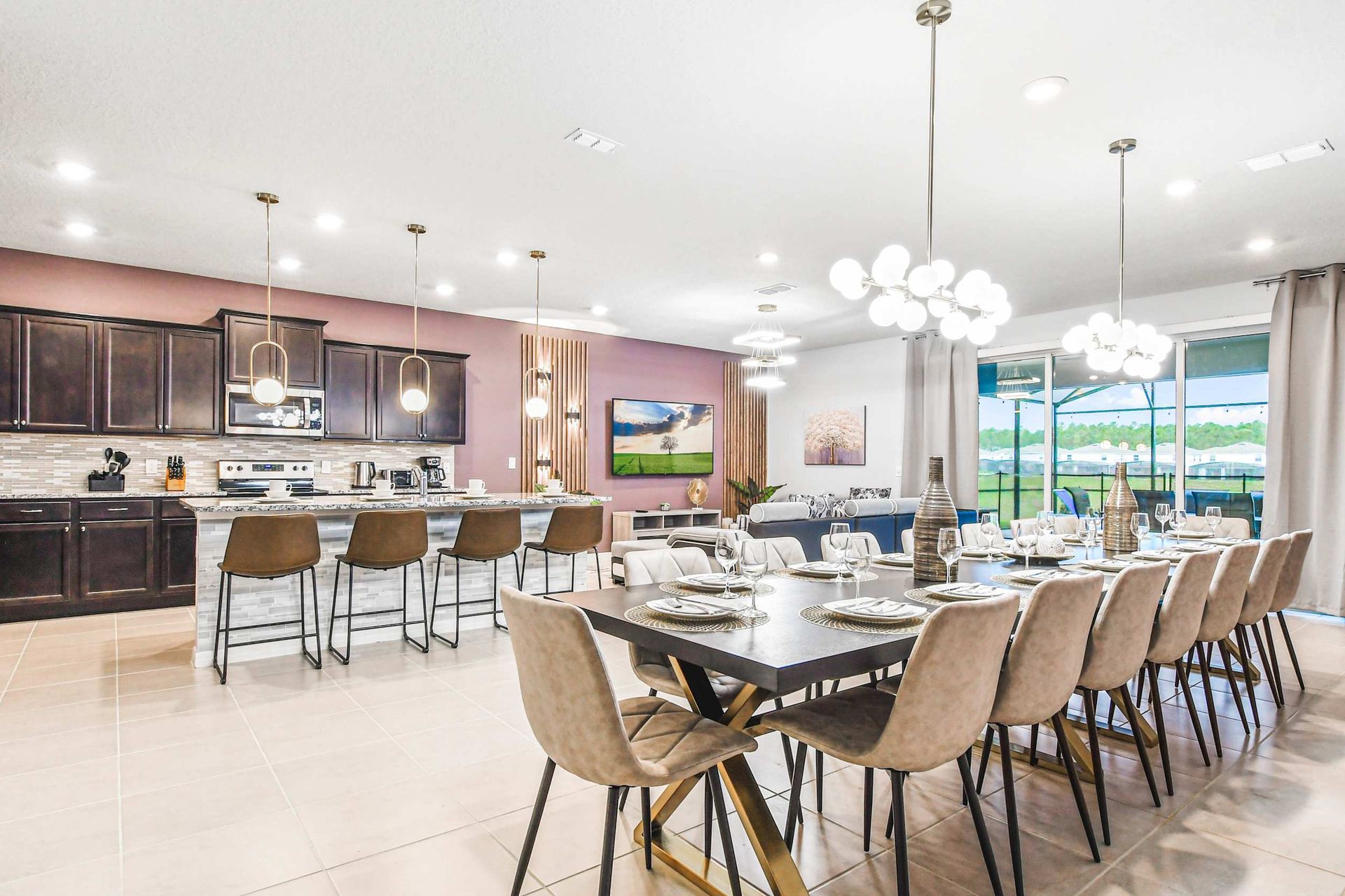 Elegant open-layout with gourmet kitchen, designer dining, and stylish lounge area.