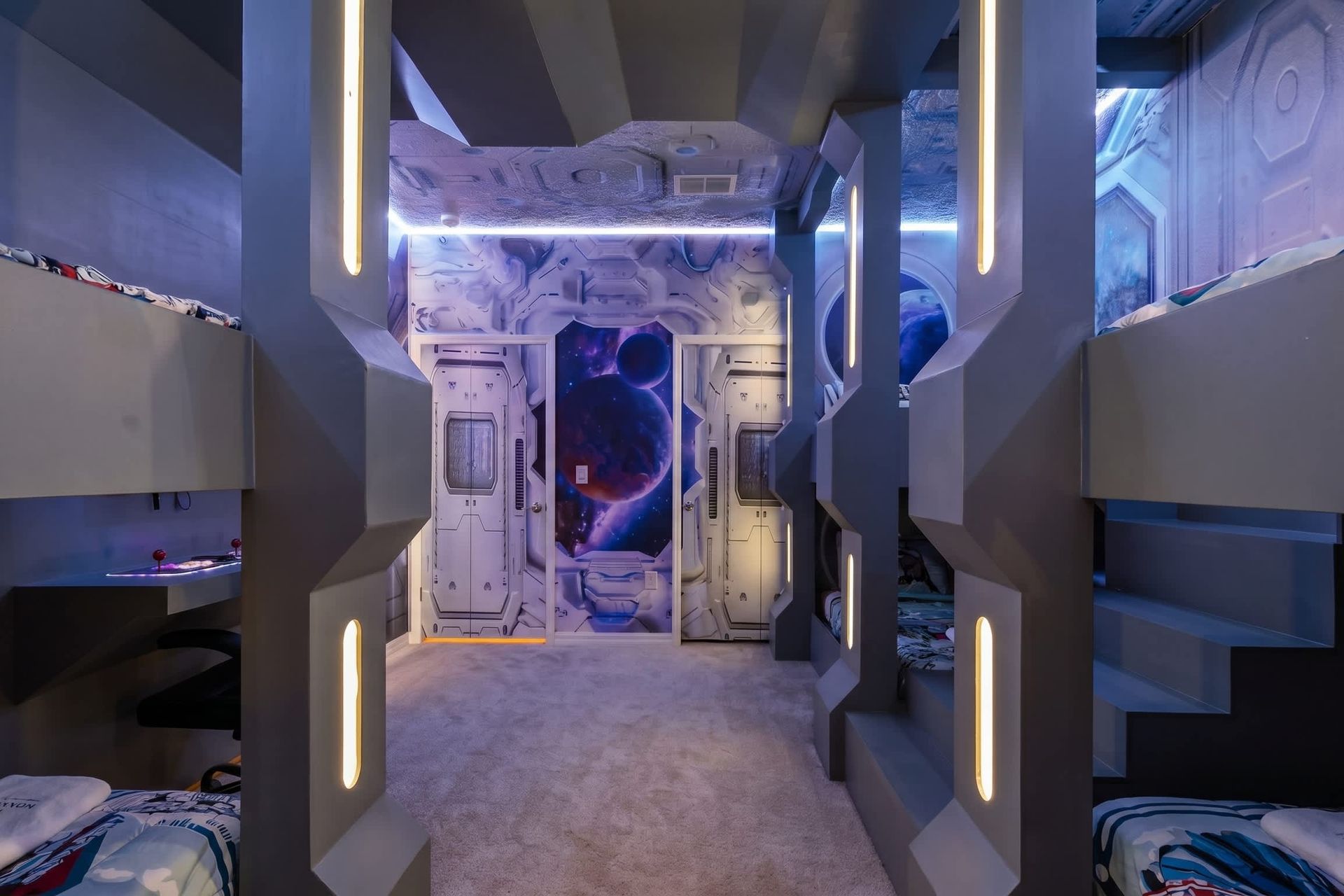 Immersive galactic bunk room with glowing lights and space-themed decor!