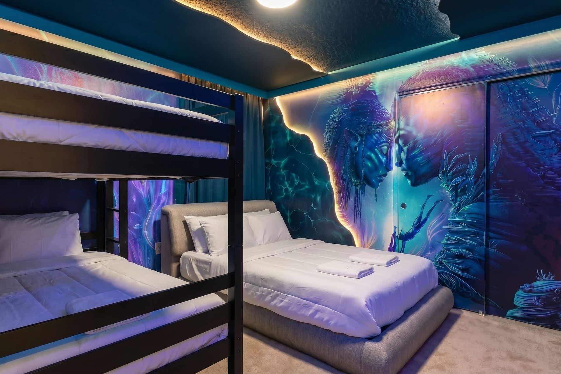 Immersive Avatar-themed bedroom with glowing decor and bunk beds!