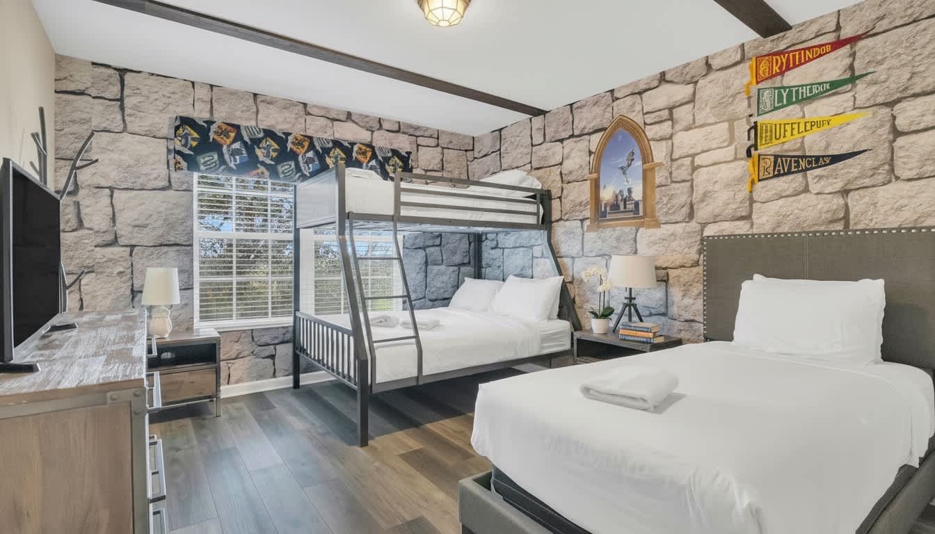 Embark on a magical journey in this masterfully themed suite blending castle charm and modern luxury.