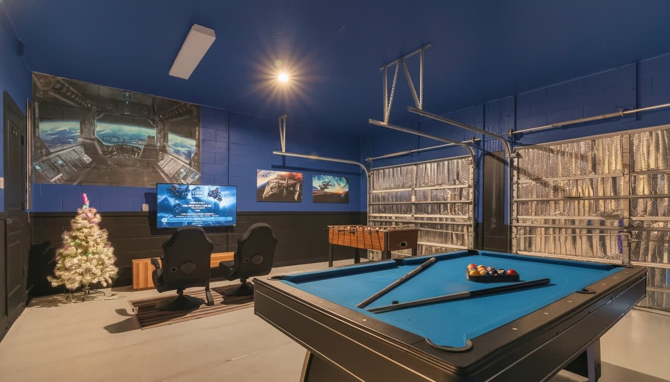 Immersive sci-fi aesthetics meet classic leisure in this bold, blue-toned luxury game retreat.