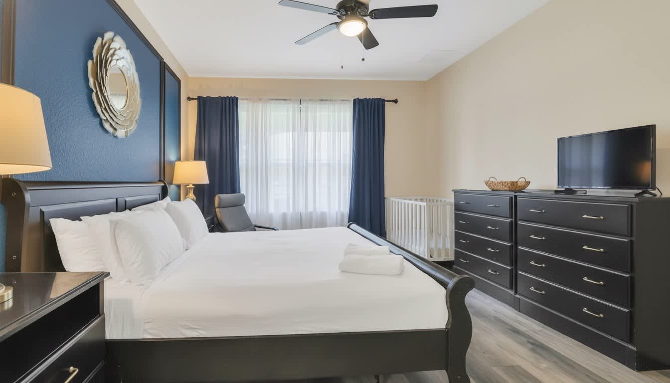 Serene master suite featuring bold navy accents, plush linens, and thoughtful family-friendly design.