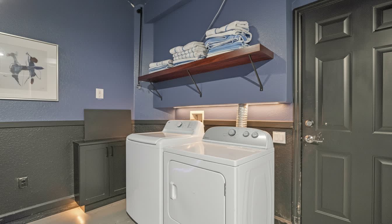 Experience effortless convenience in this modern laundry suite with sophisticated navy accents.