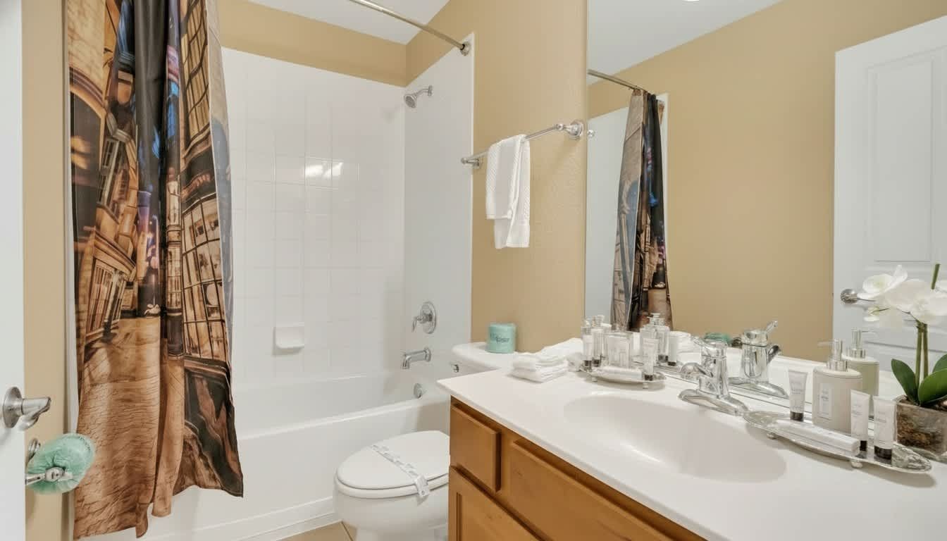 Pristine bathroom retreat blending modern comfort with charming themed details for a unique escape.