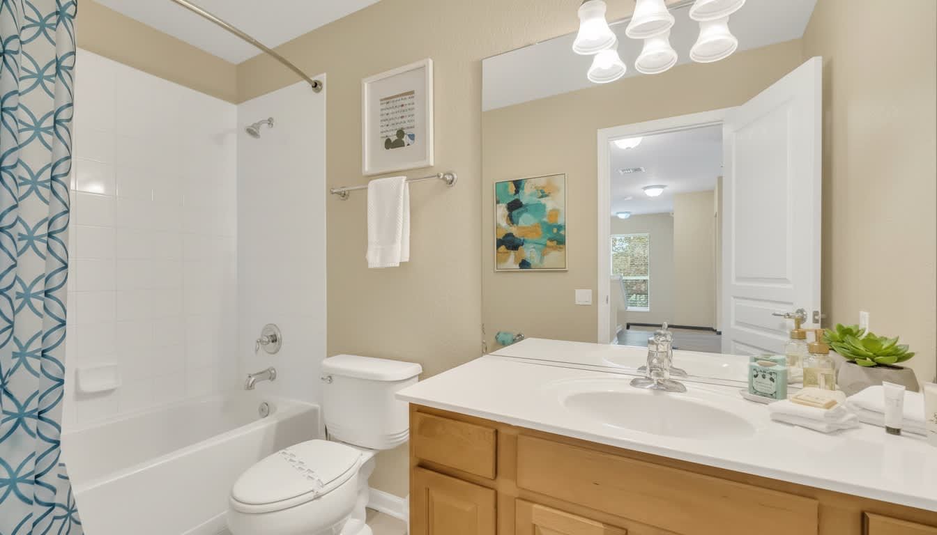 Elegant modern bathroom with clean lines, warm wood accents, and a bright, refreshing ambiance.