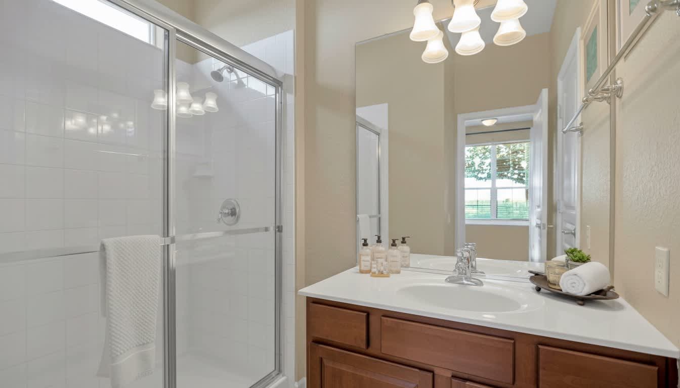 Indulge in a spa-like retreat with pristine white tiling and warm artisanal wood finishes.