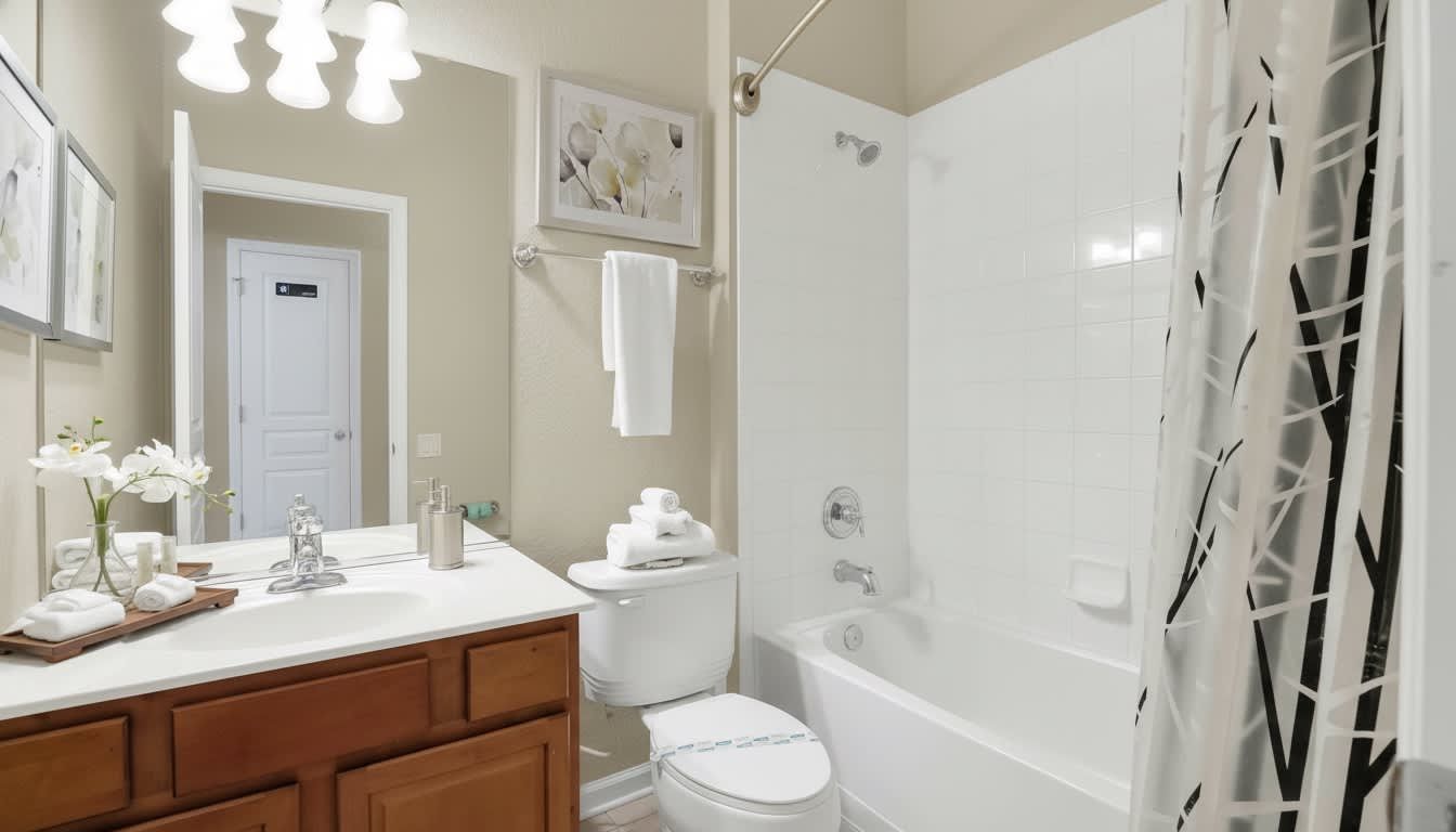 Sophisticated bathroom featuring pristine white tiles, rich wood vanity, and a serene atmosphere.