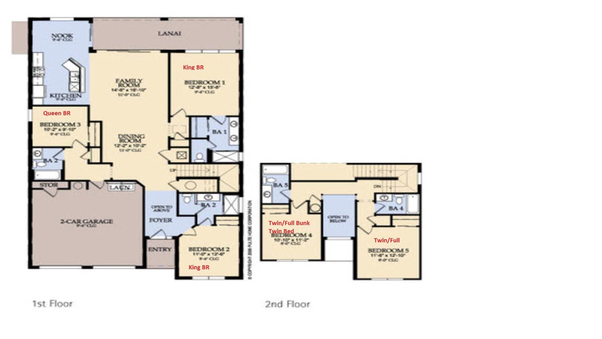 Full house floor plan: 6 bedrooms, large garage, and lanai.
