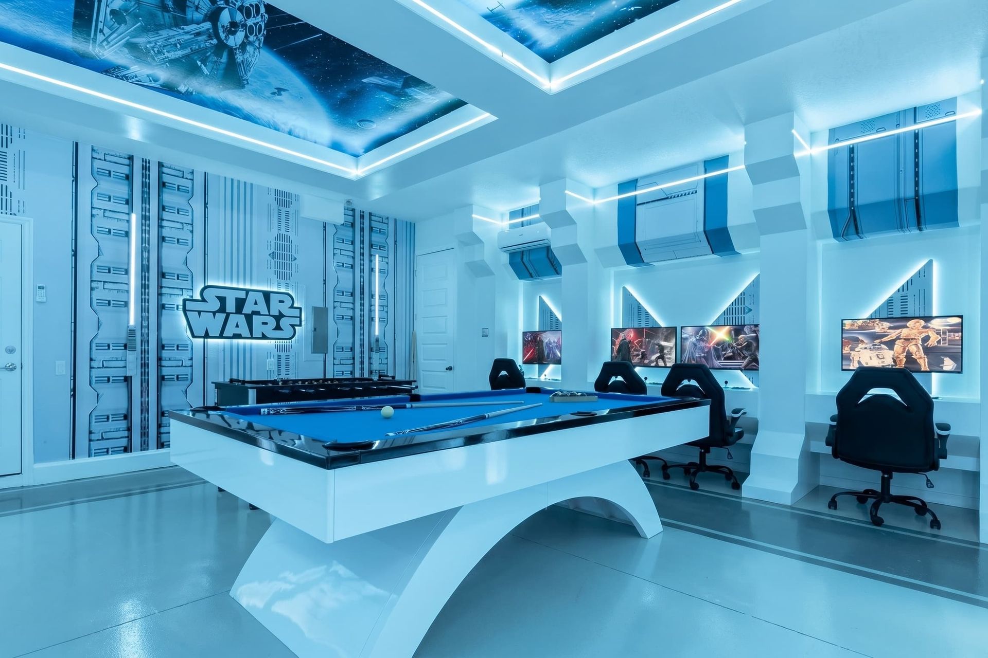 Ultimate STAR WARS gaming lounge with a glowing pool table.