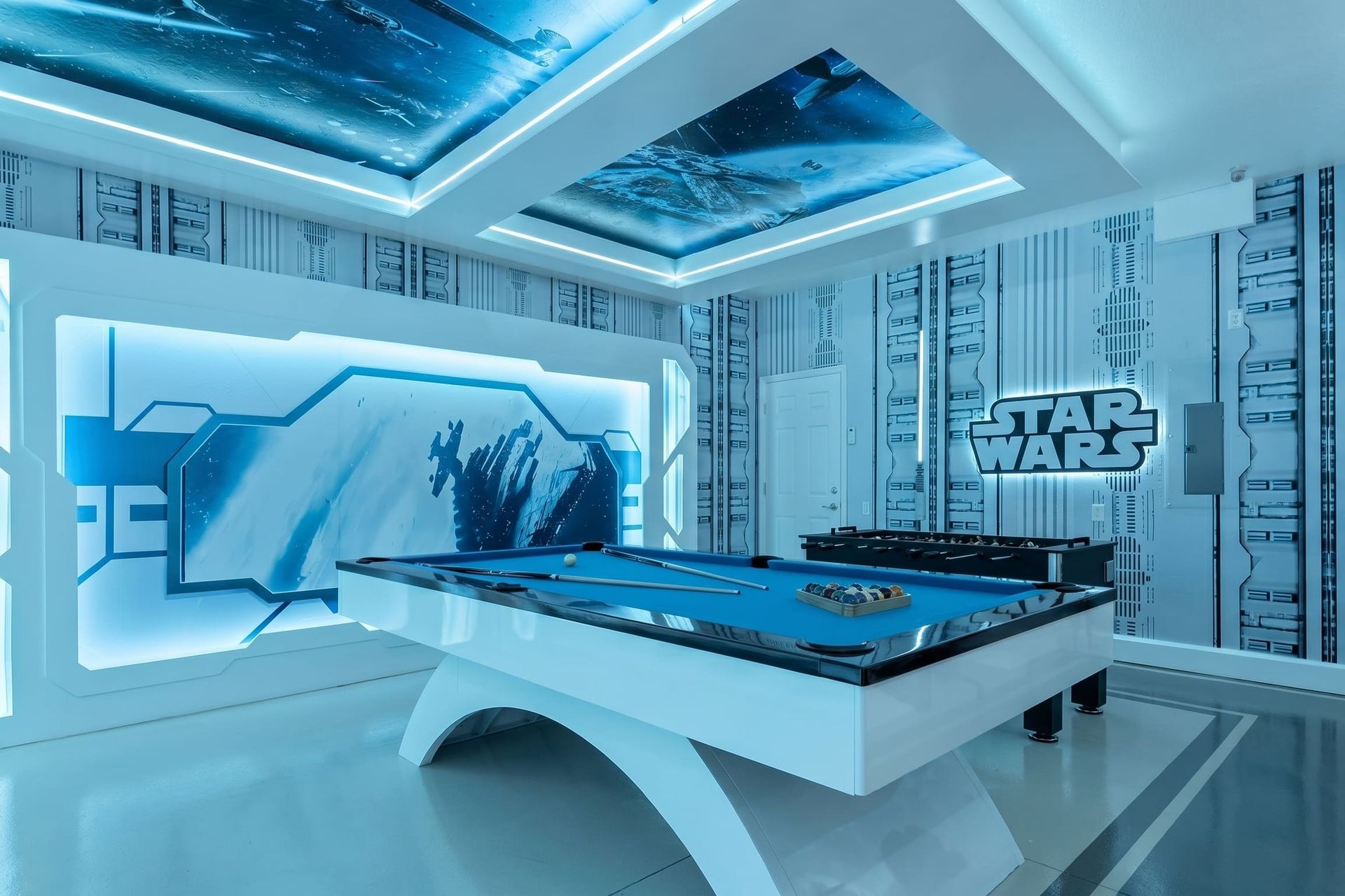 Immersive, high-tech STAR WARS game lounge.