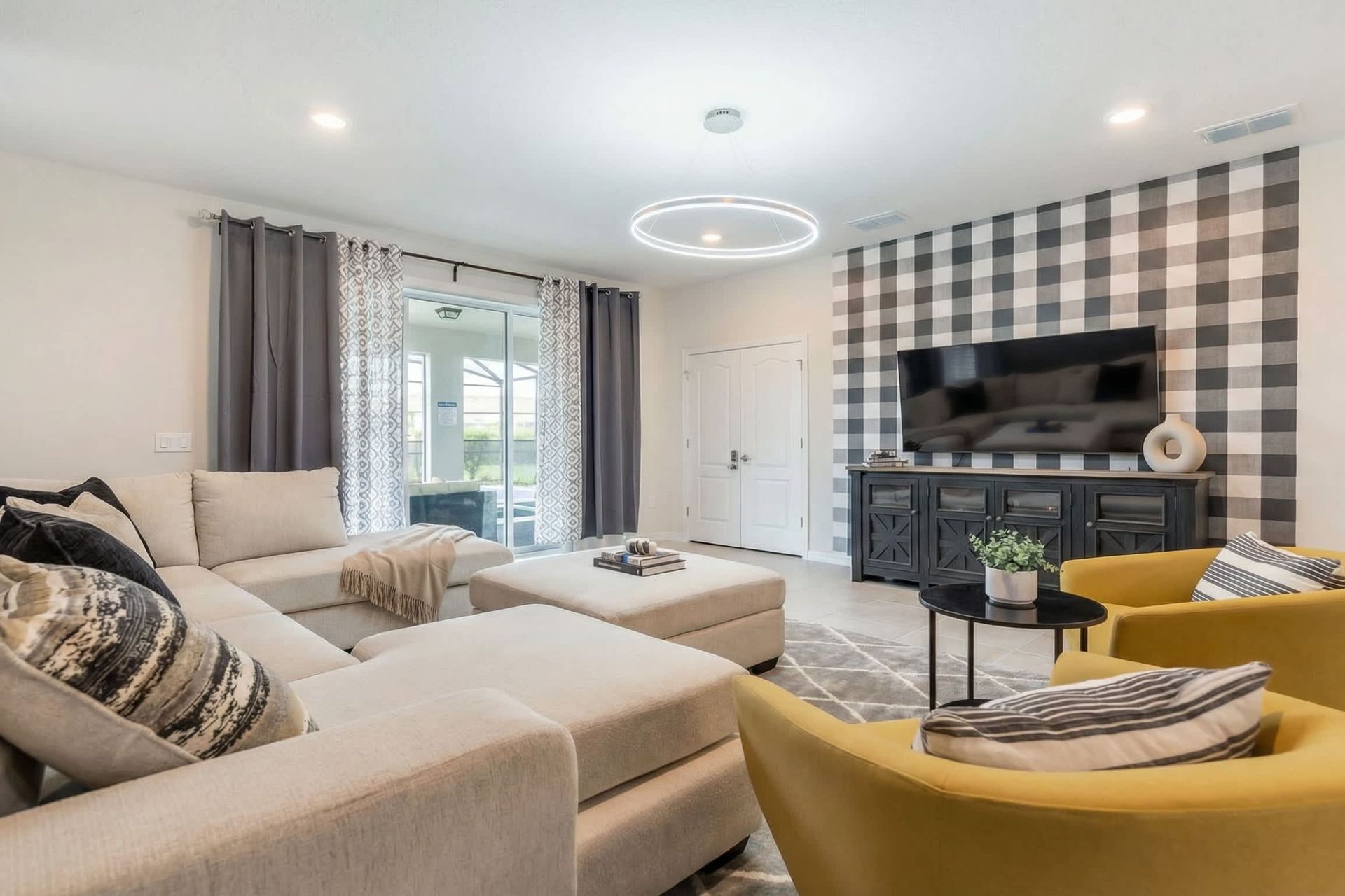 Sophisticated living room, plush furnishings, creating comfort.