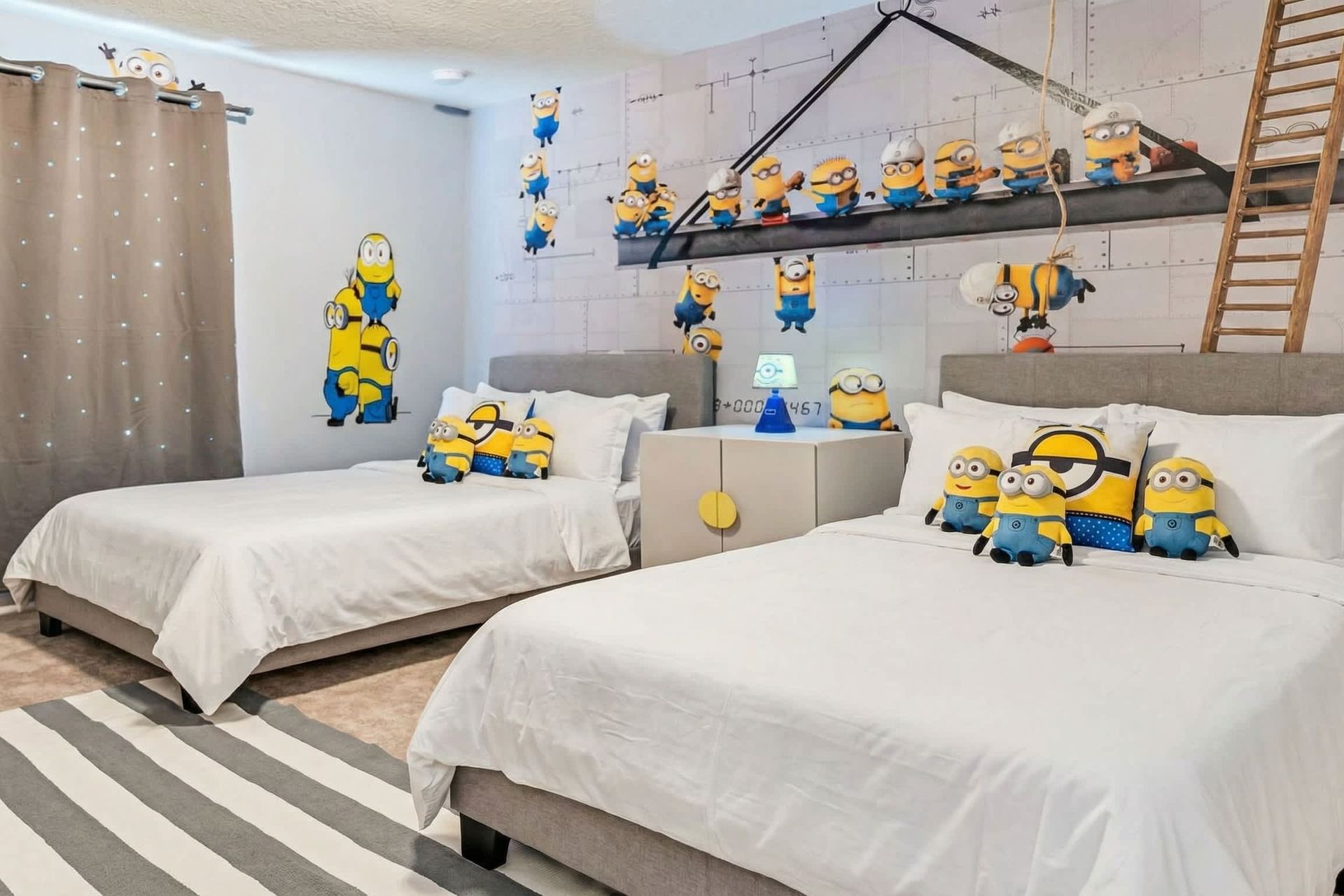 Minion-themed room with 1 double and 1 single bed