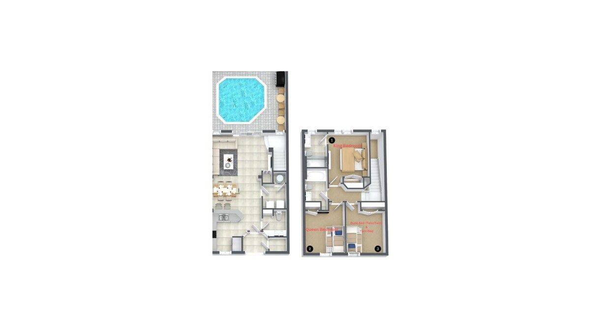 Modern 2-story layout with private pool, 3 bedrooms, and open living!