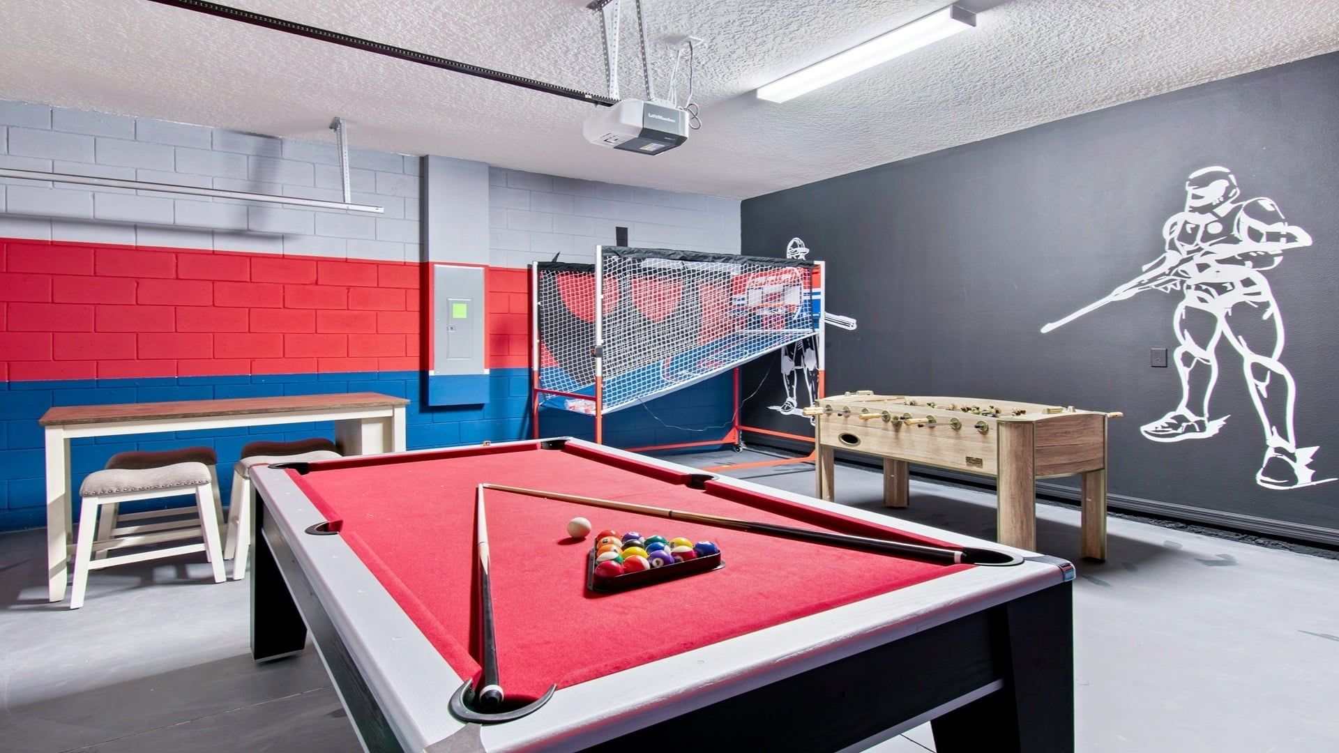 Immerse in Halo excitement featuring a pool table and foosball.