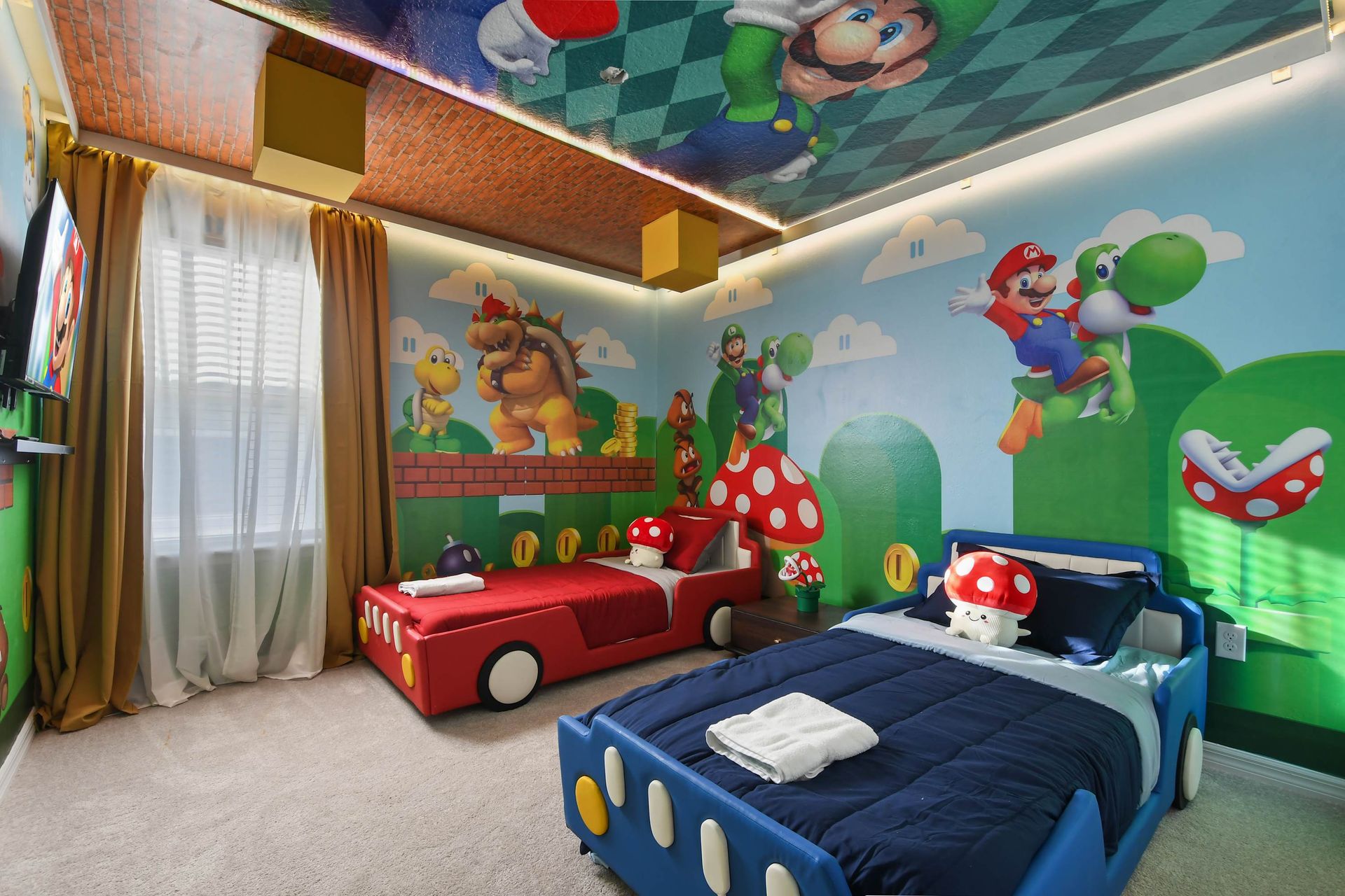 Super Mario-themed kids' room with fun beds and vibrant decor!