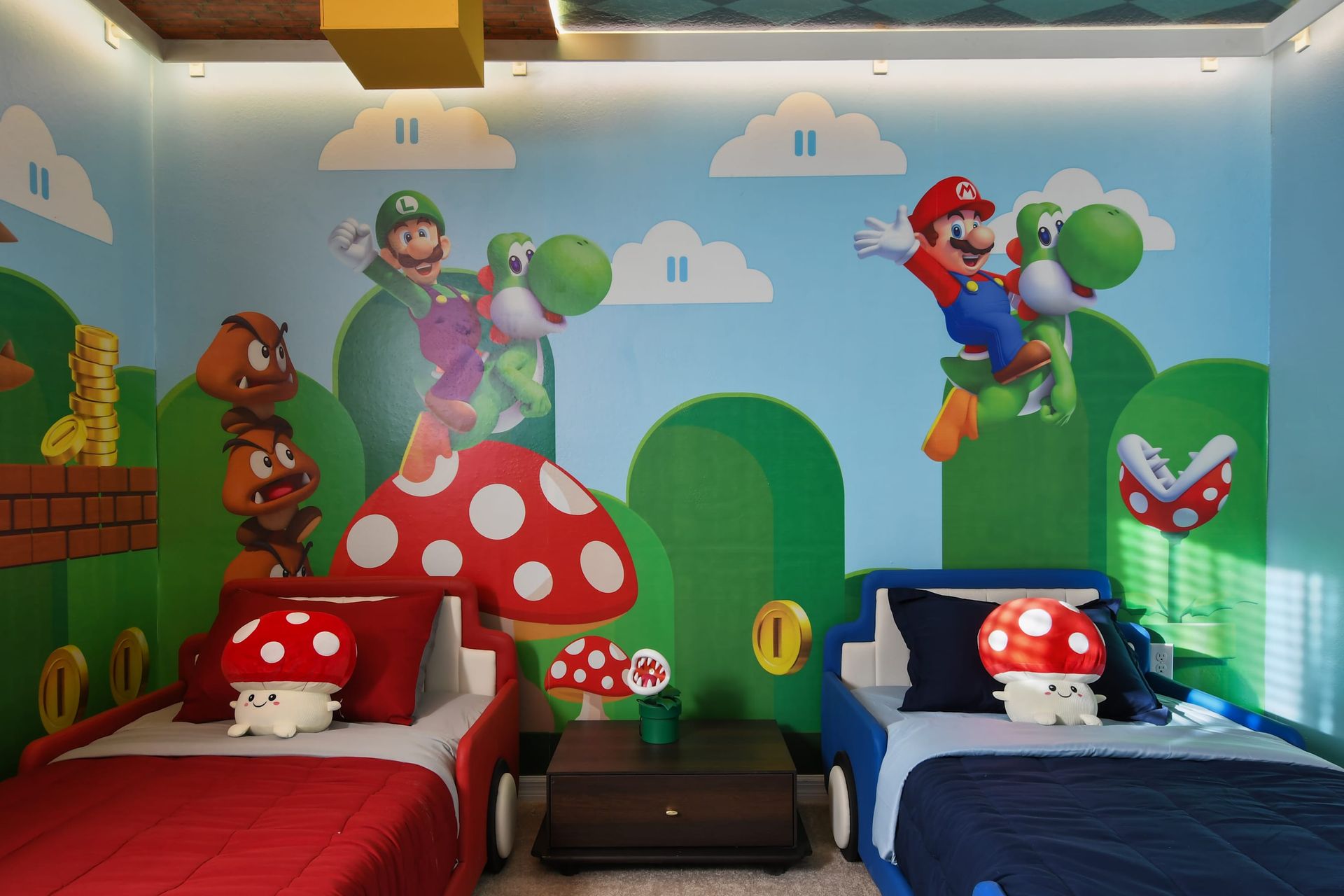 Super Mario-themed kids' room with fun beds and vibrant decor!
