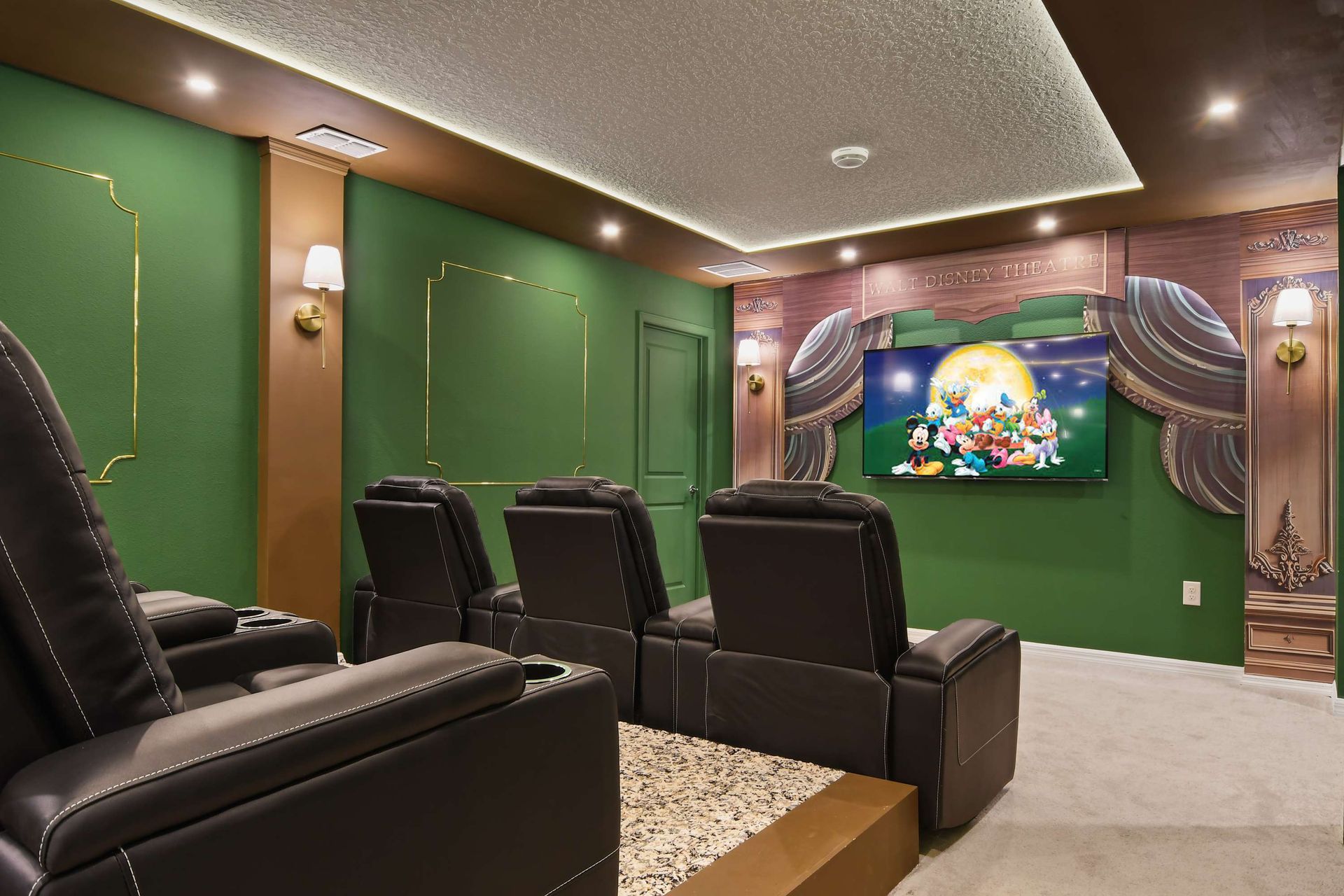 Charming Disney-themed home theater with cozy recliners and magic!