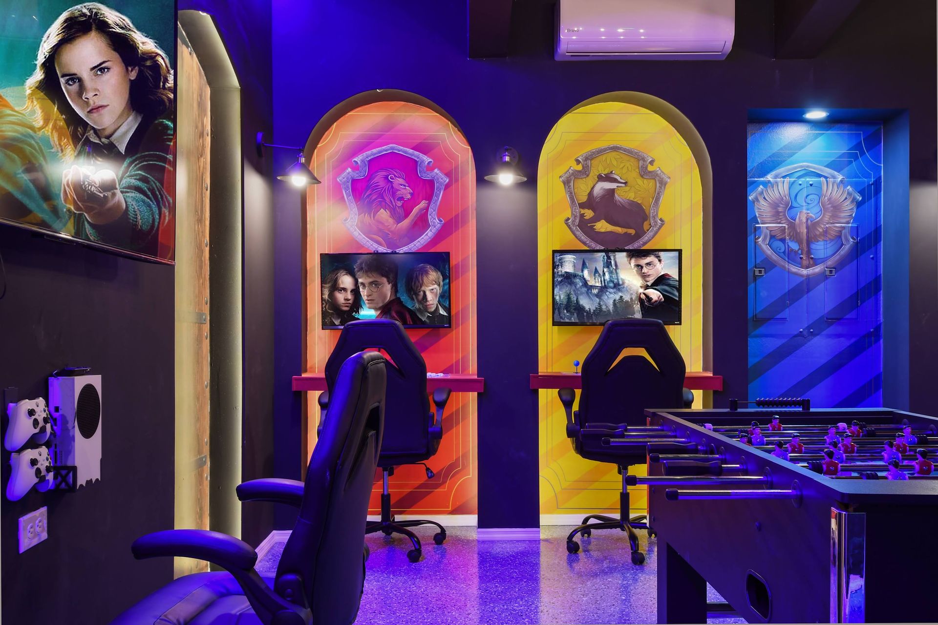 Magical Harry Potter-themed gaming room with foosball & consoles!