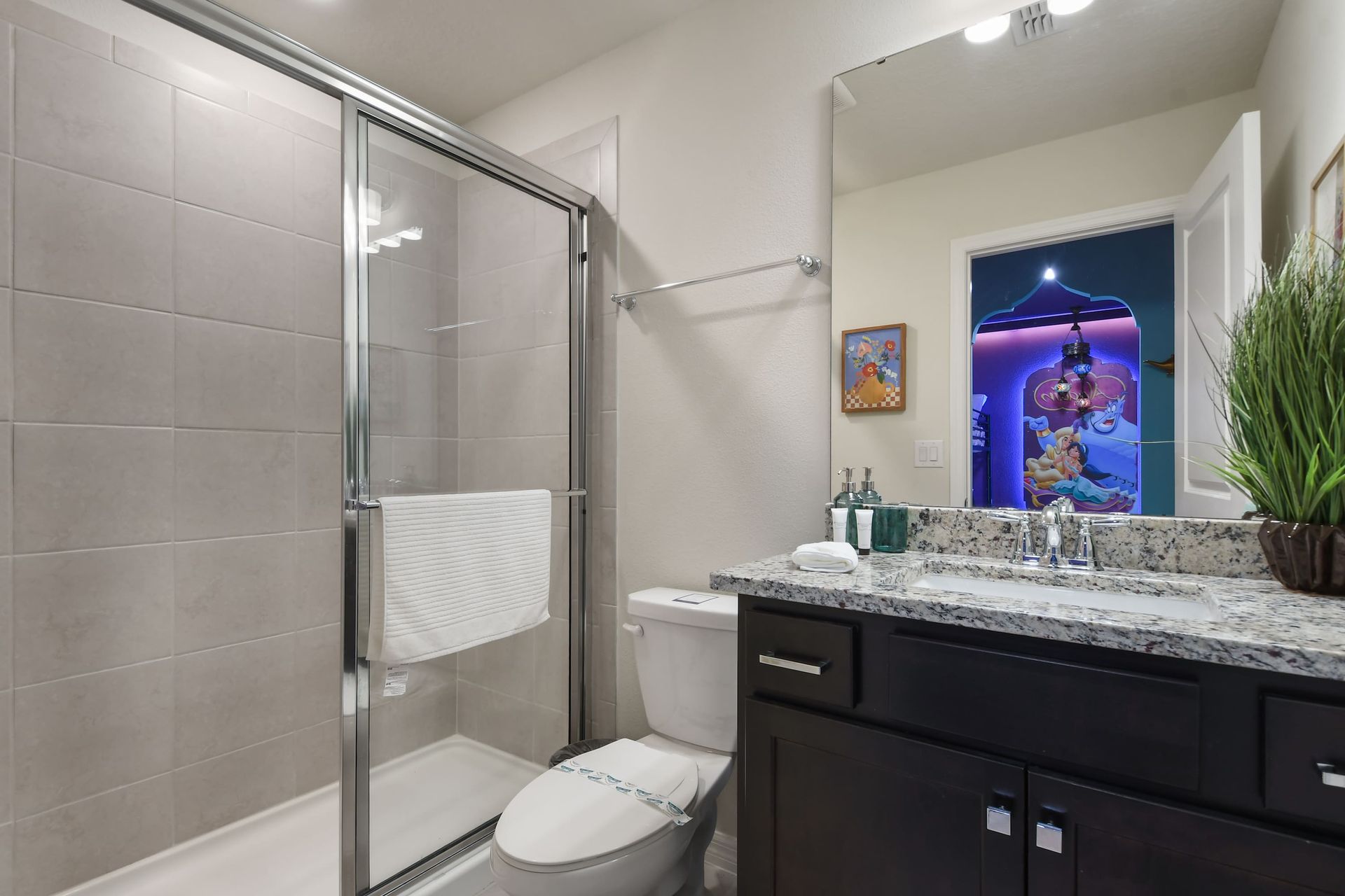 Granite vanity bathroom with glass shower and themed room access.