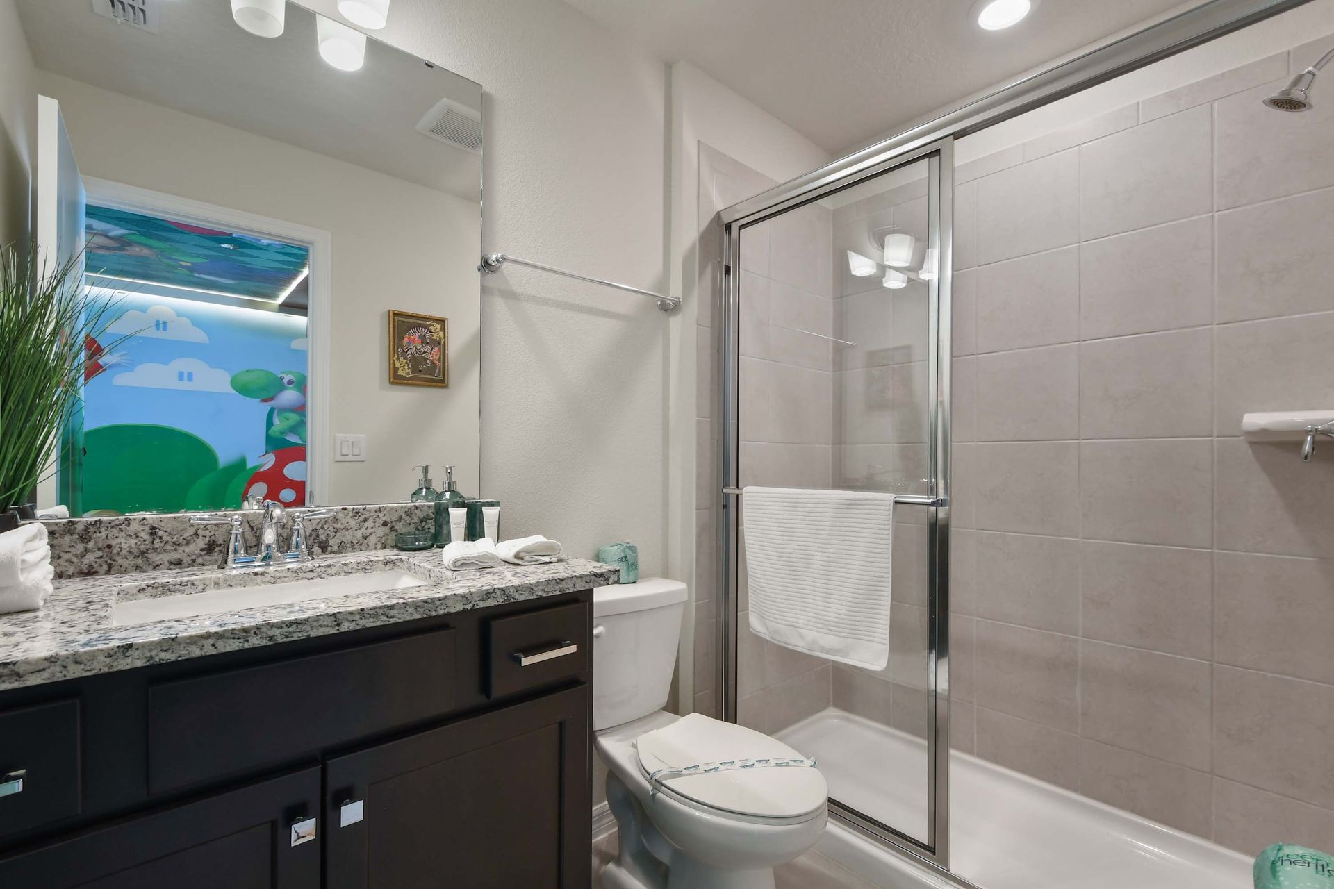 Bright en-suite with granite counters and playful themed room view.