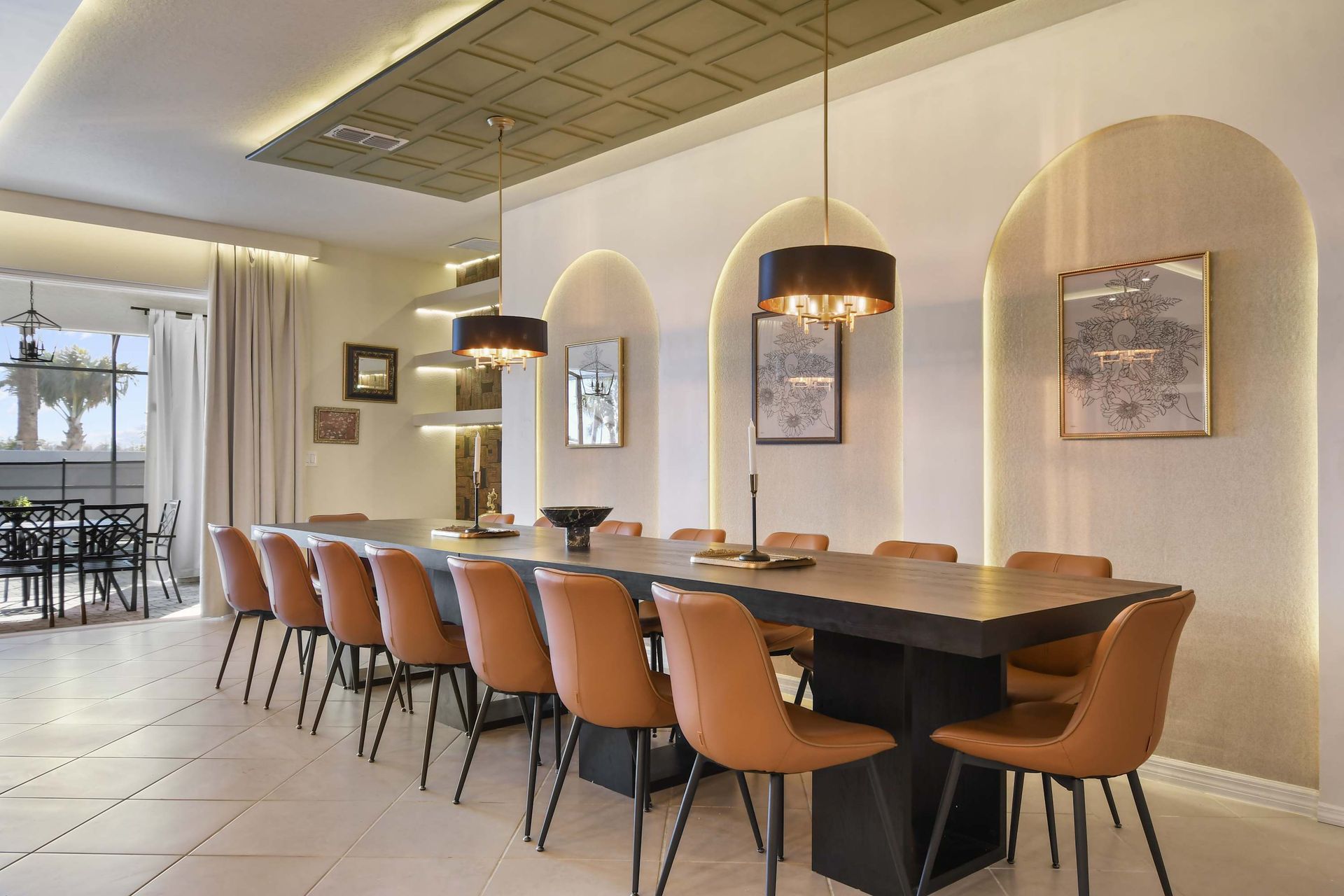 Elegant dining area with seating for 12, chic lighting, and style!
