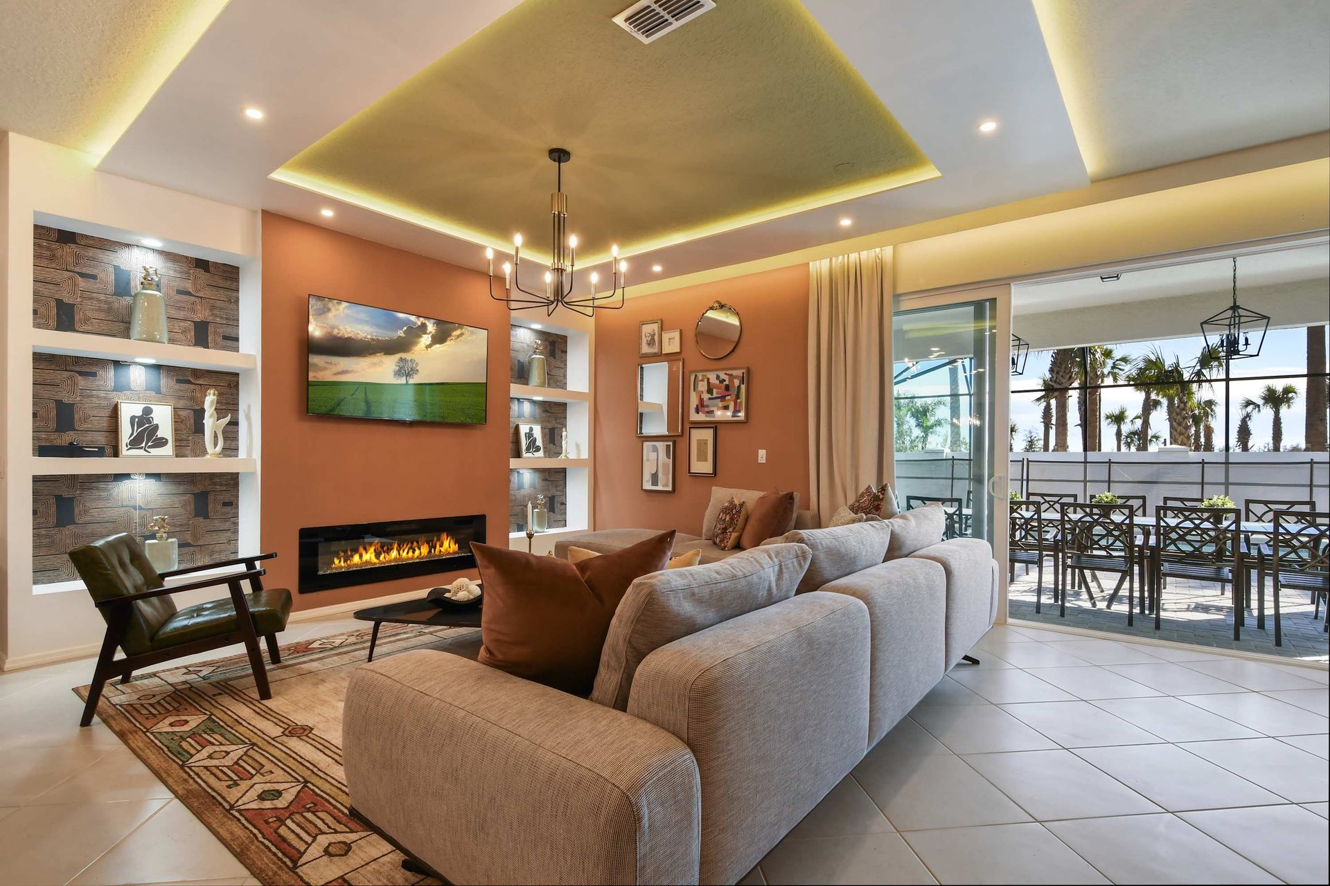 Spacious living room with a fireplace, modern design, and patio views!