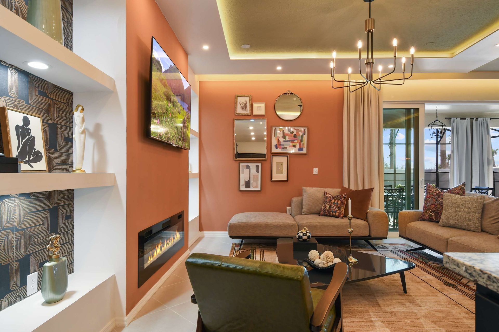 Spacious living room with a fireplace, modern design, and patio views!