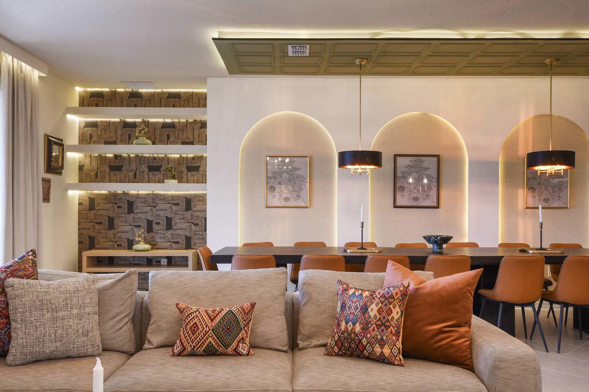 Elegant dining area with warm lighting, stylish decor, and charm!