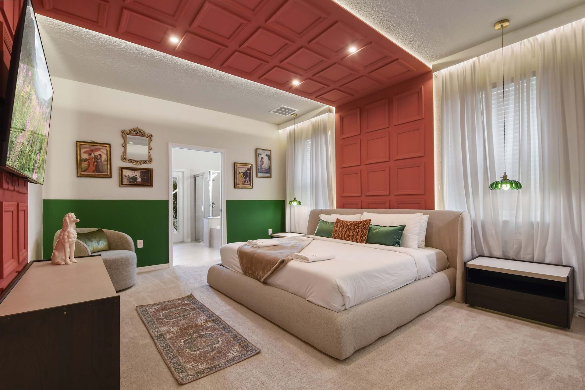 Elegant bedroom with unique paneling, vintage decor, and cozy vibes