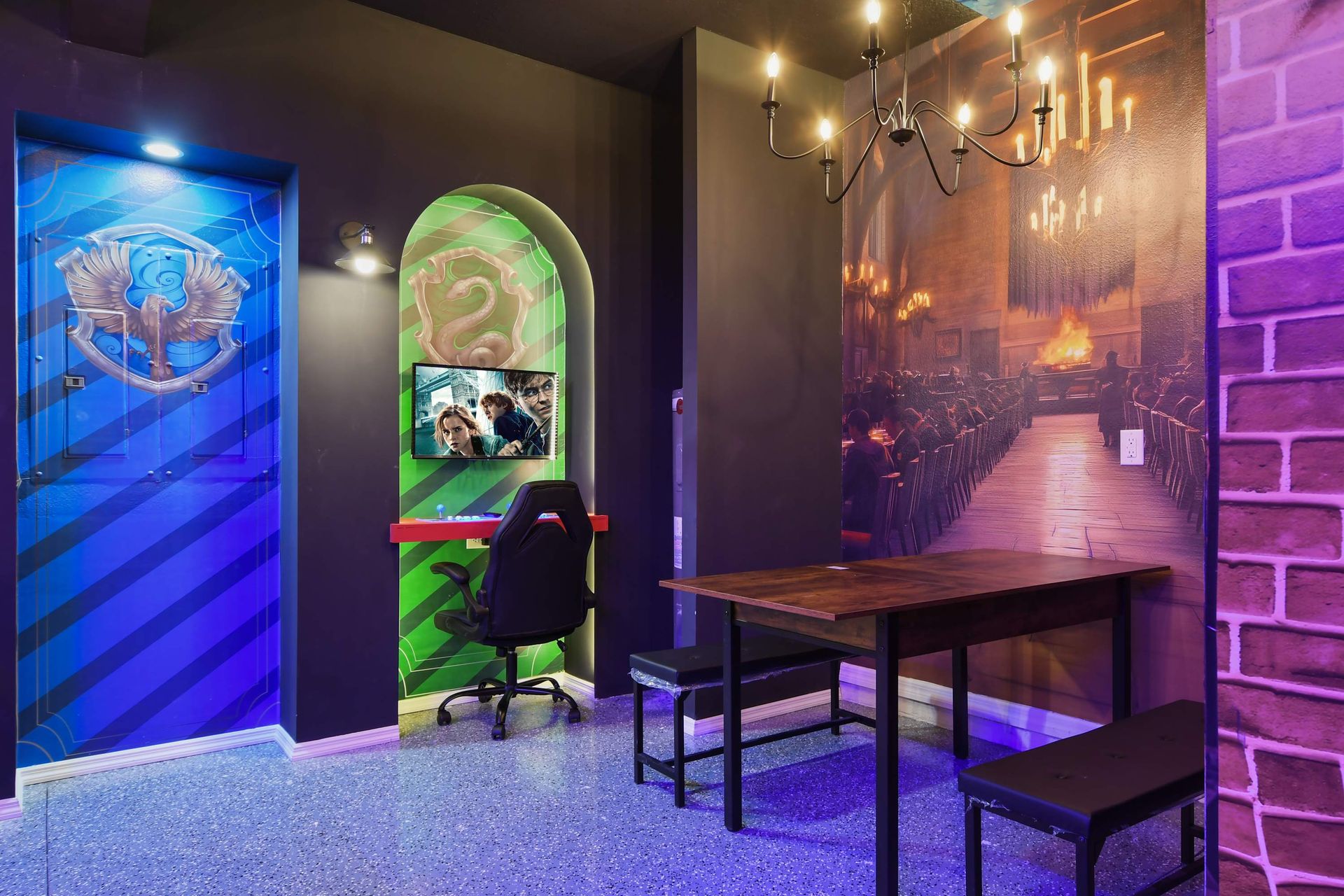 Magical gaming nook with Hogwarts house themes and Great Hall vibes!
