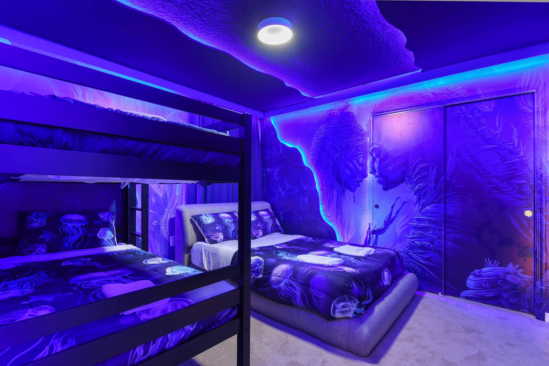 Immersive Avatar-themed bedroom with glowing decor and bunk beds!