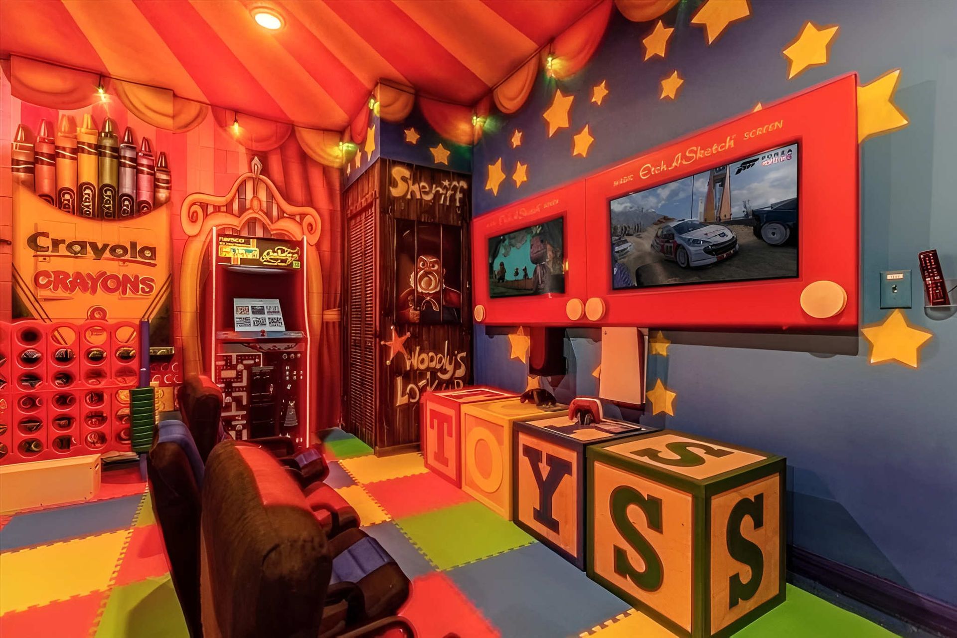 Whimsical toy-themed game room with arcade, giant Etch A Sketch screens, and bold decor.