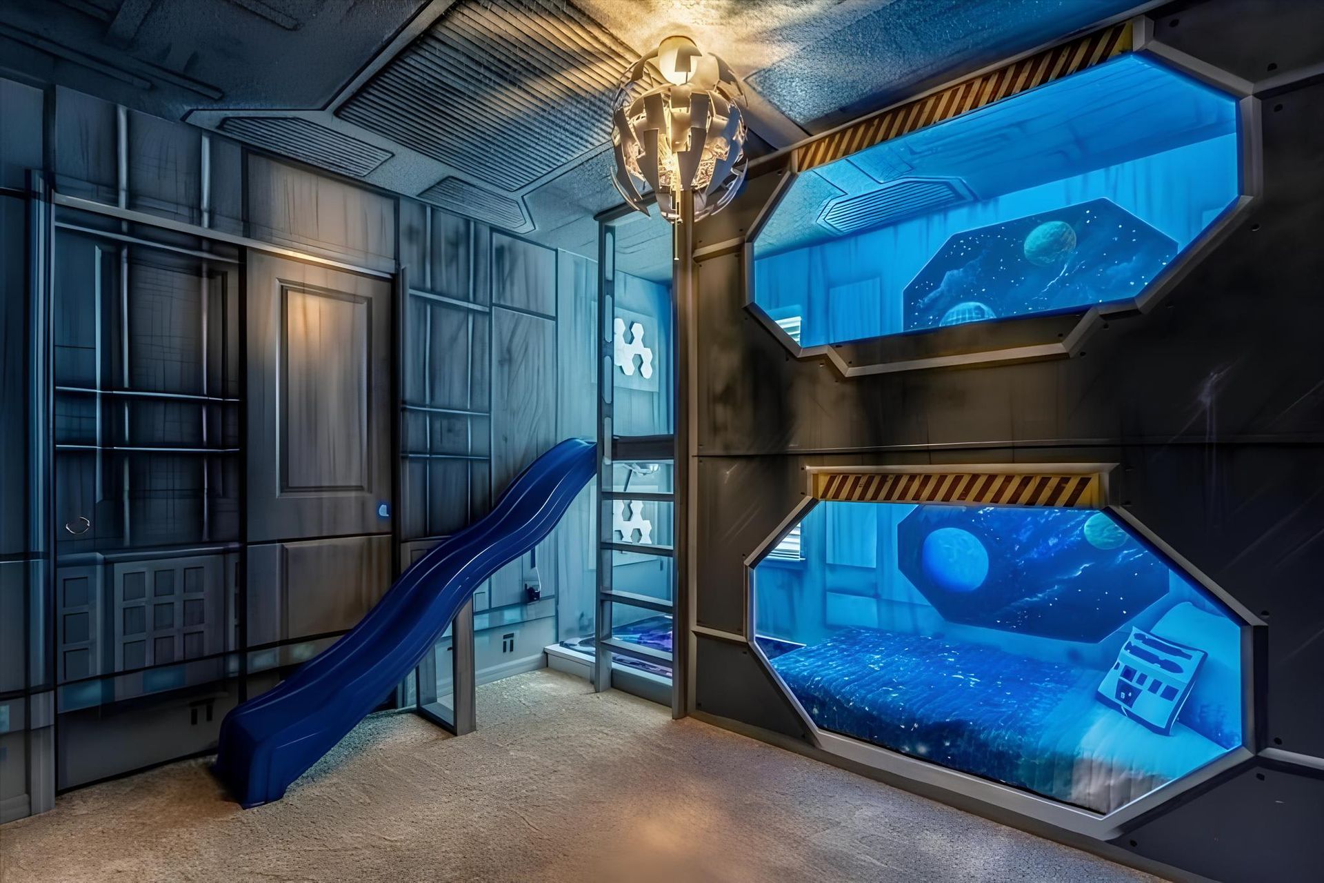 Epic space-themed bunk room with built-in slide and galactic adventure vibes.