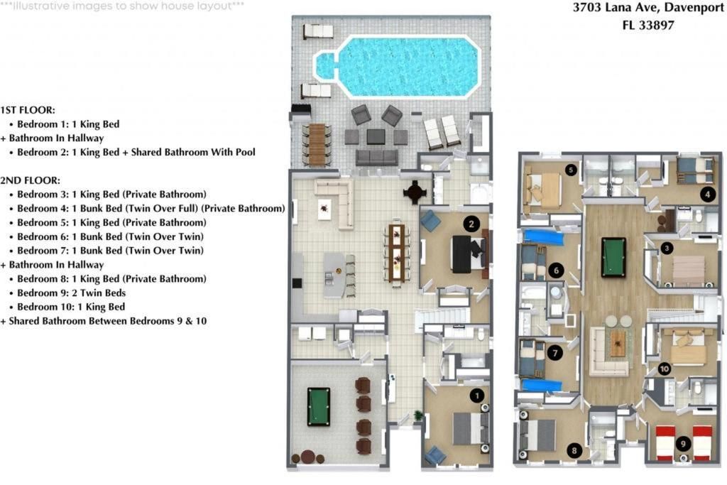 Spacious 10BR villa with pool, game room, and themed bunk beds for all ages.