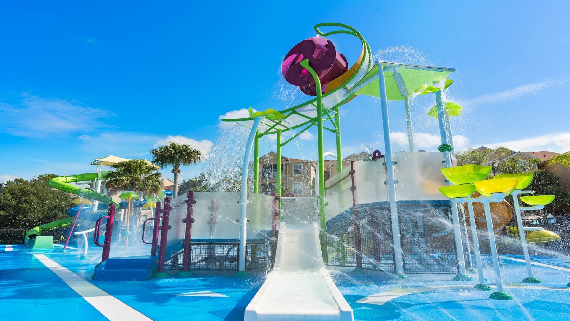 Vibrant splash zone with tipping buckets, slides, and endless water fun for kids

