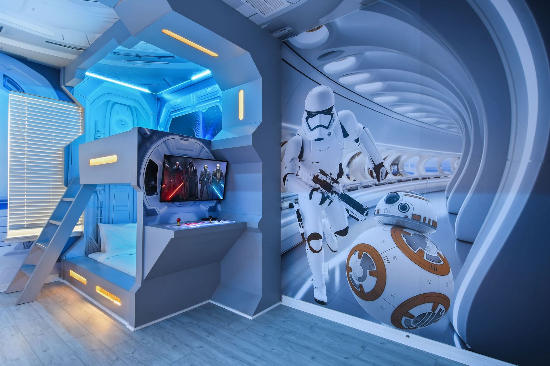 Galaxy-themed kids room with custom bunk beds, glowing lights, and epic wall art.