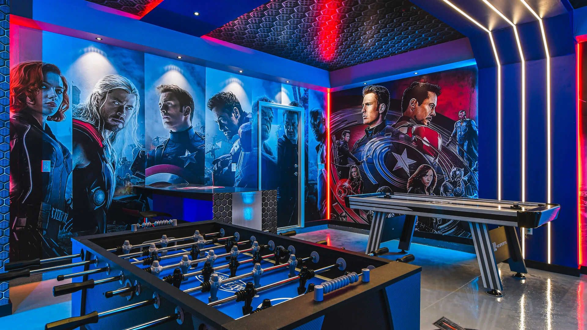 Unleash your inner hero in this epic Avengers-themed game room for all ages!
