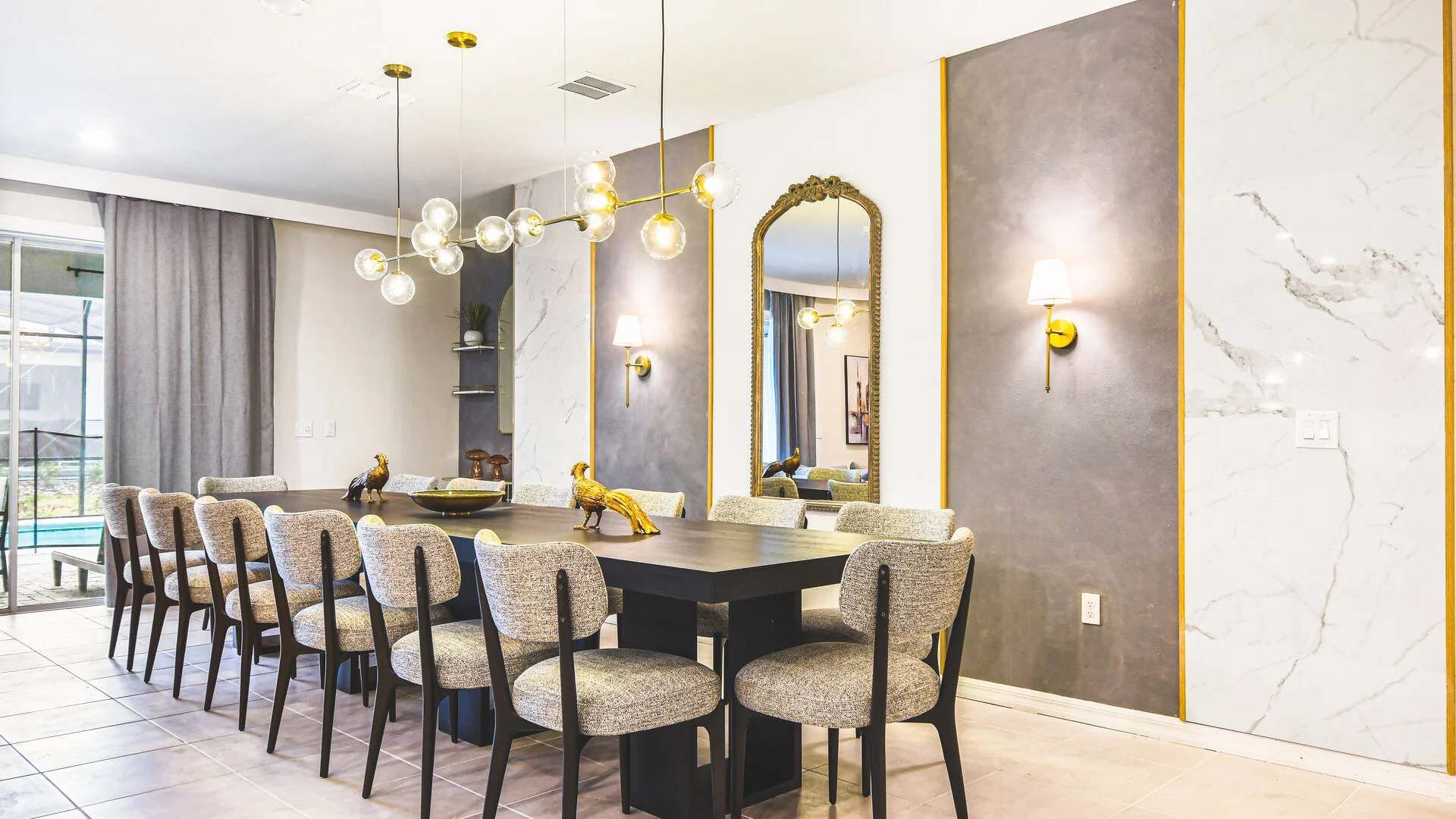 Dine in elegance with seating for 12 in this stunning modern glam space.