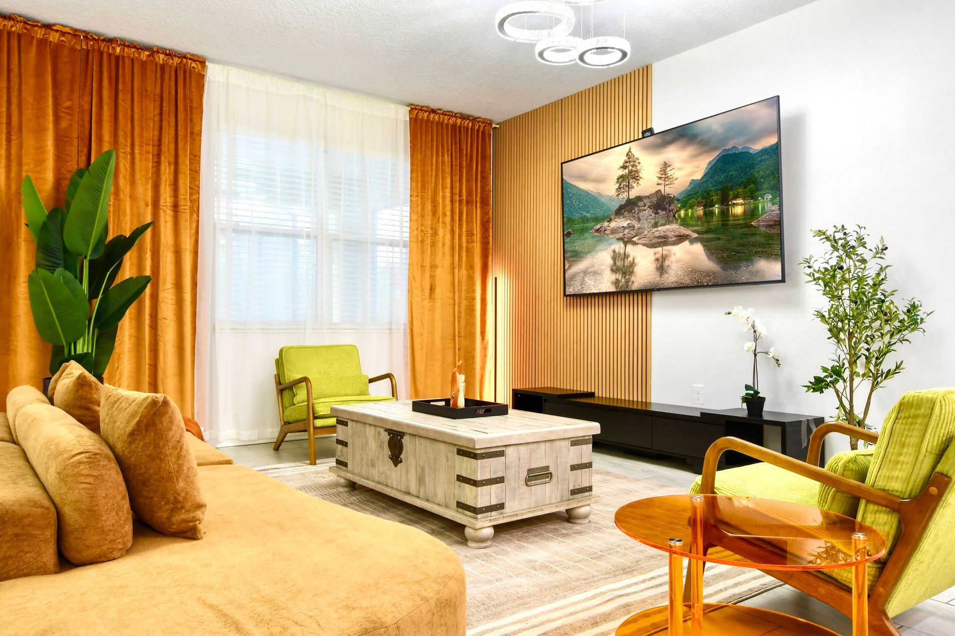 Modern cozy living room with warm tones, stylish decor, and a relaxing atmosphere.