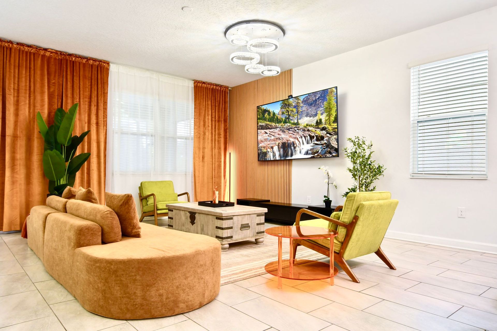 Stylish and cozy living room with warm tones, modern decor, and a relaxing vibe.