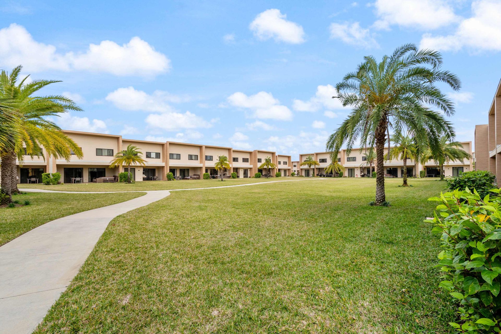 Lush shared green space with palm trees, walking path, and peaceful community vibe
