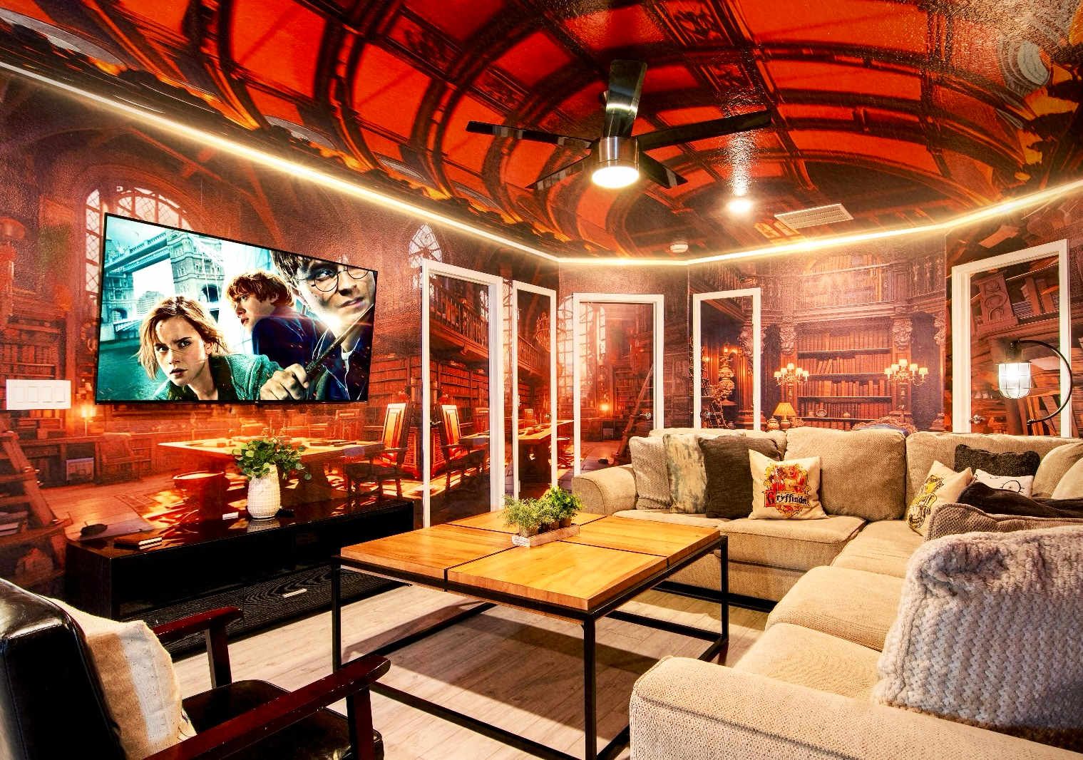 Wizard-themed loft with cozy seating, spellbinding décor, and magical movie nights.