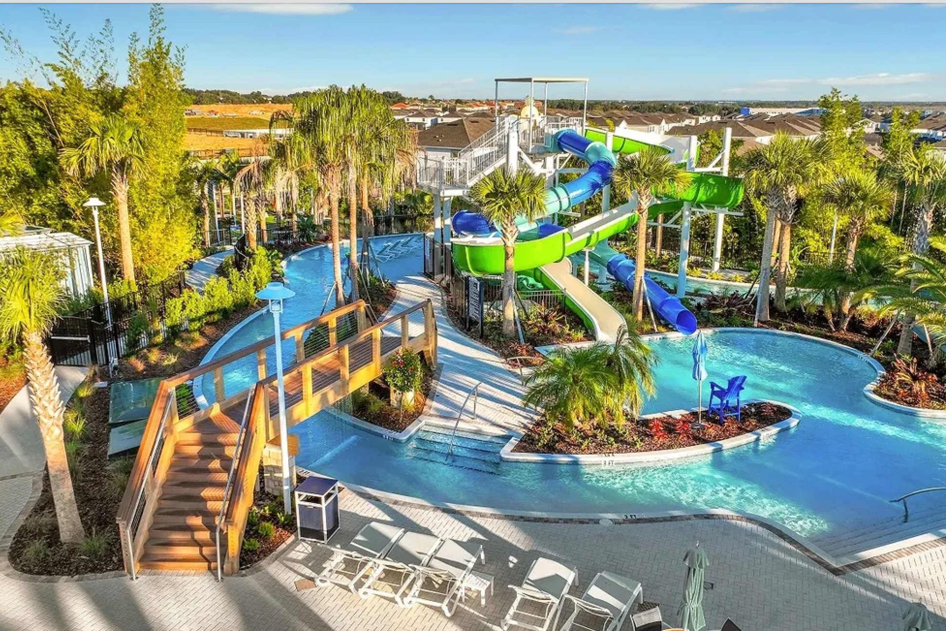 Tropical waterpark fun with towering slides, palm trees, and a lazy river.