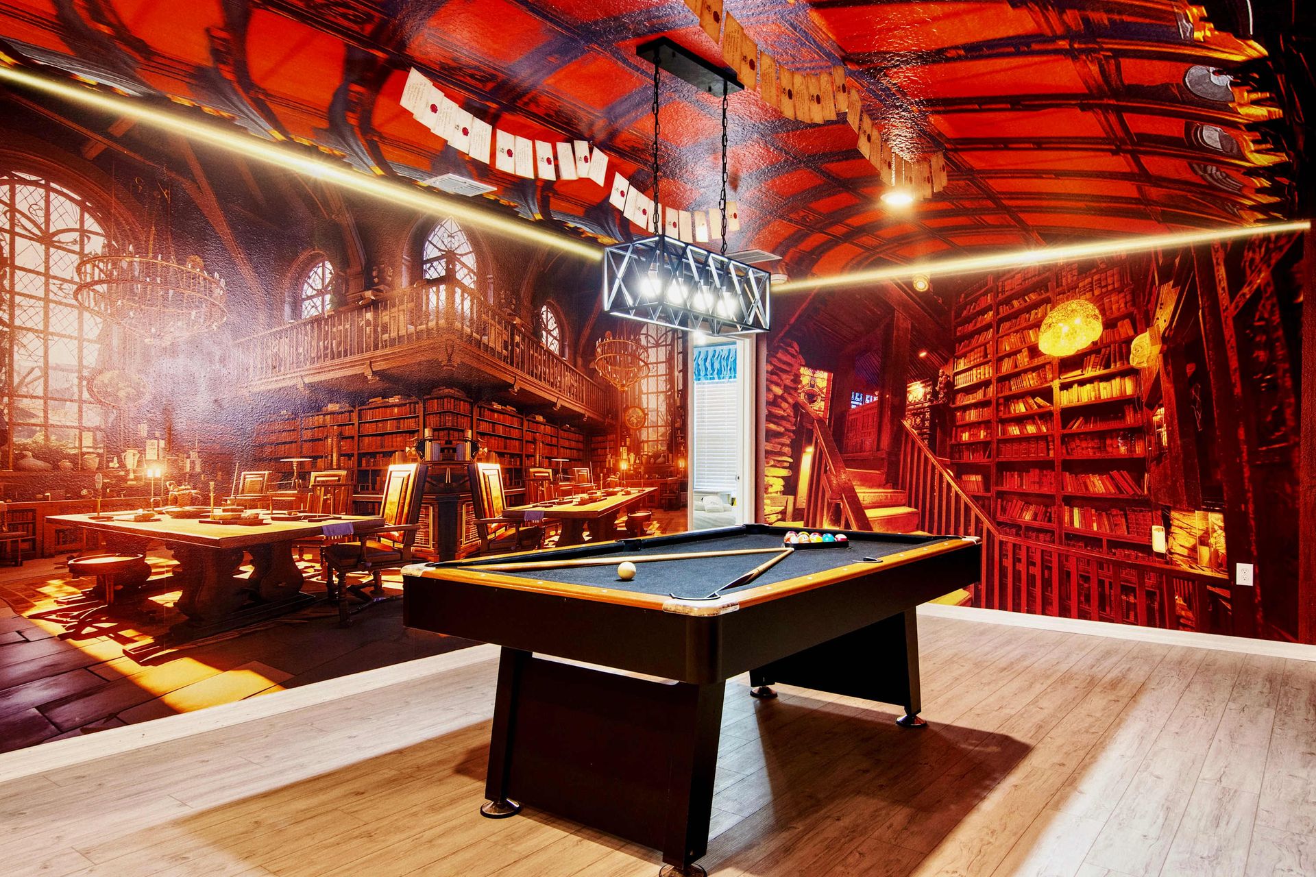 Wizard-themed billiards room with enchanting décor and magical ambiance.