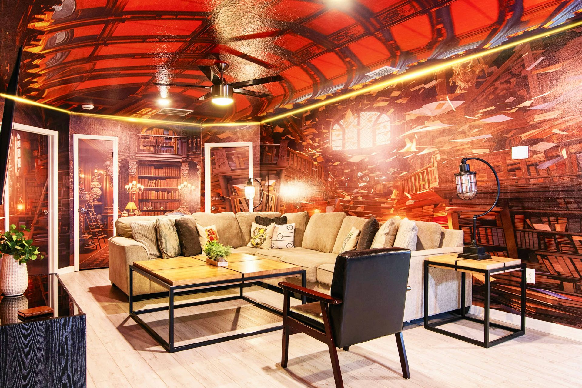 Wizard-themed loft with cozy seating, spellbinding décor, and magical movie nights.