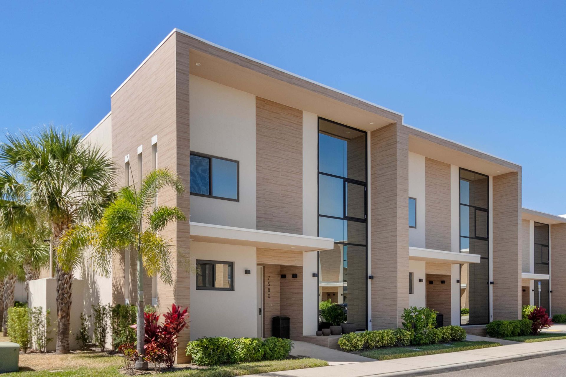 Contemporary townhome with clean lines, tall windows, and lush palm landscaping
