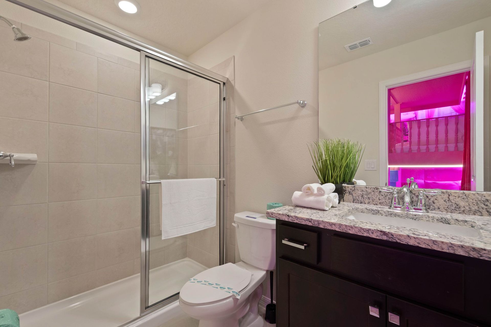 Modern bathroom with glass-enclosed shower, granite vanity, and vibrant bedroom view.
