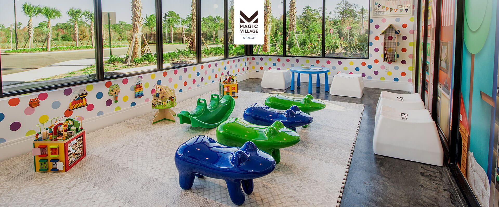 Colorful kids' playroom with fun animal seats, bright decor, toys, and sunny windows.
