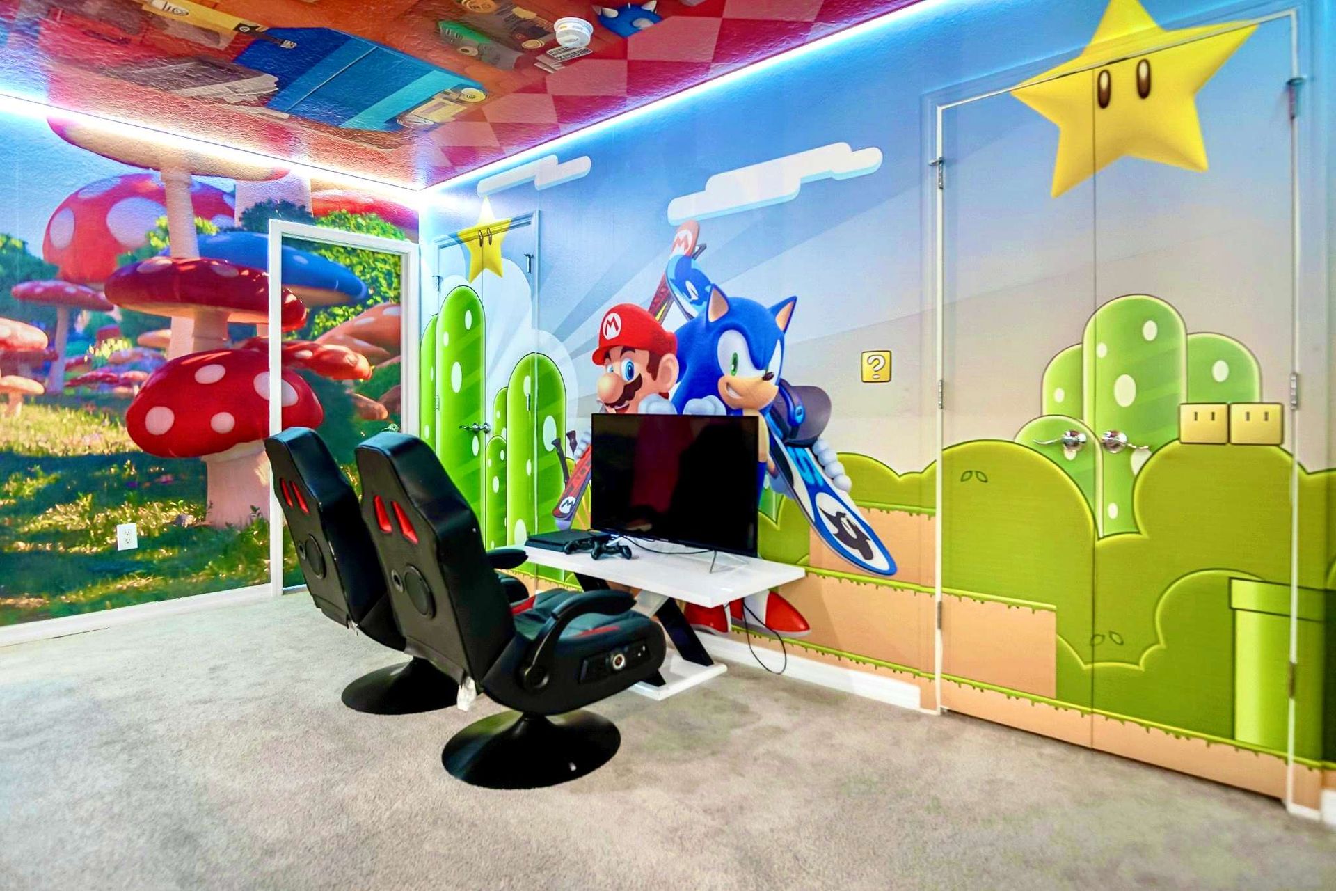 Immersive game zone with themed walls, gaming chairs, and console fun.